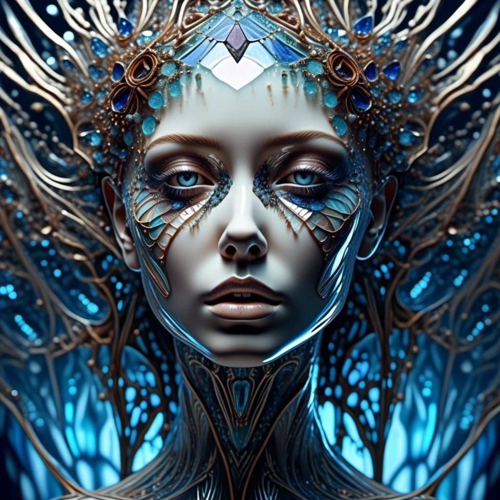 Eerie Crystal Woman Portrait in Holographic Style