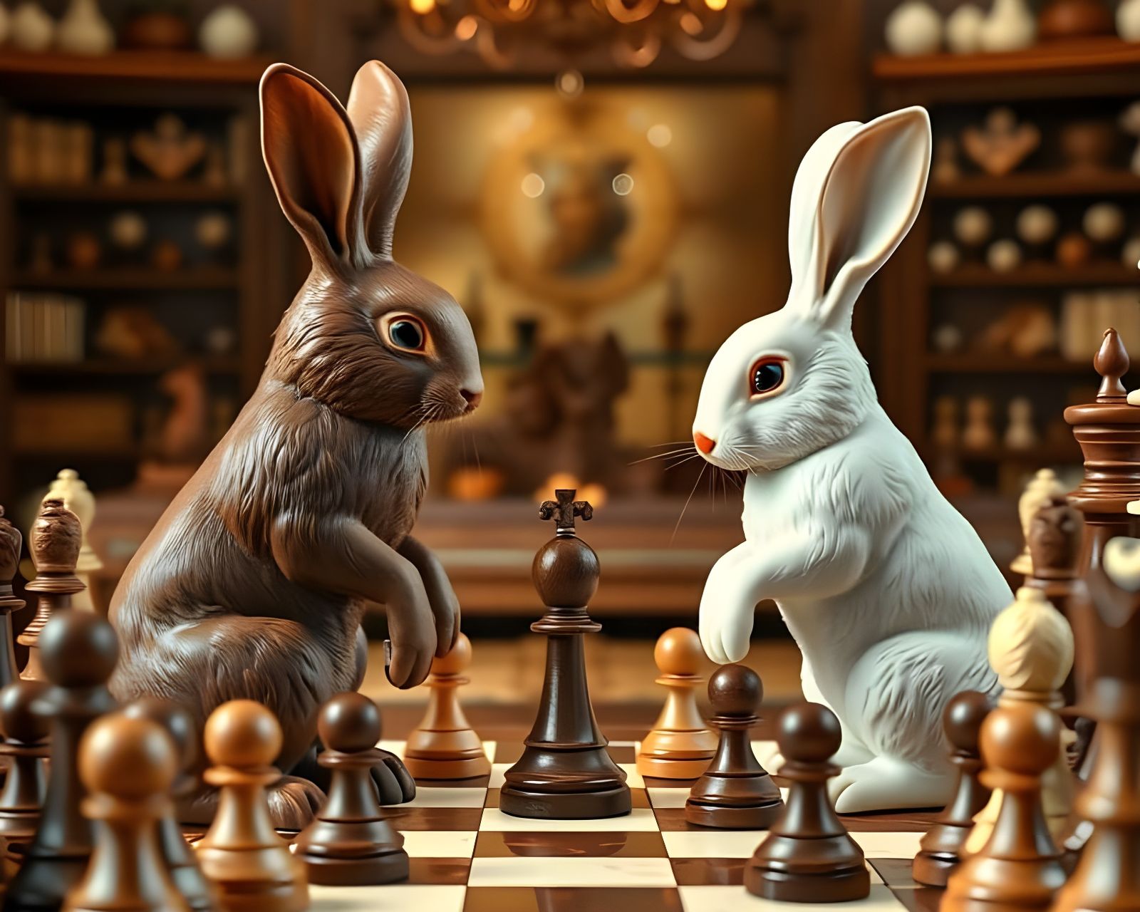 Chocolate Rabbits Play Chess in Candy Shop
