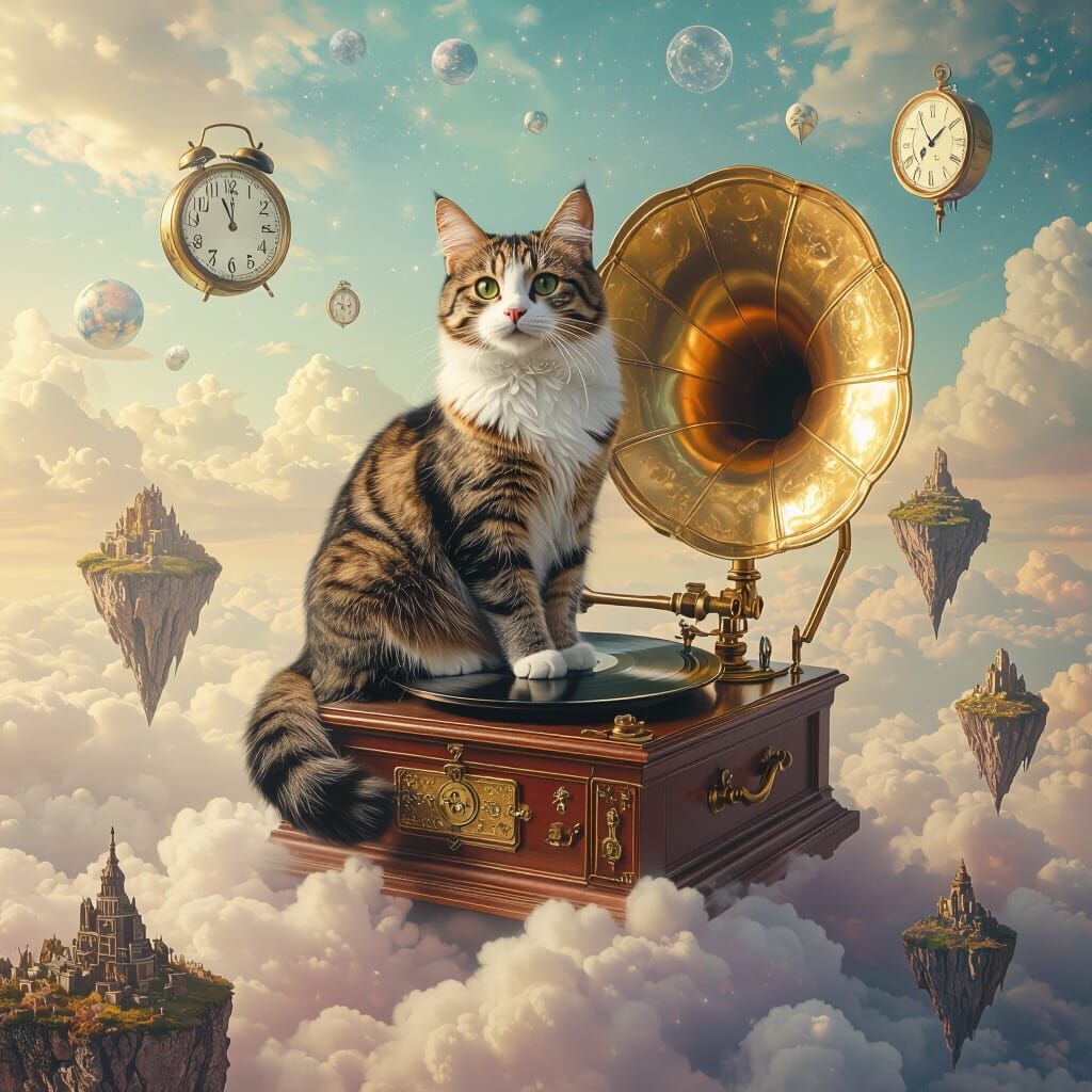 Cosmic Cat on Gramophone in Surreal Landscape