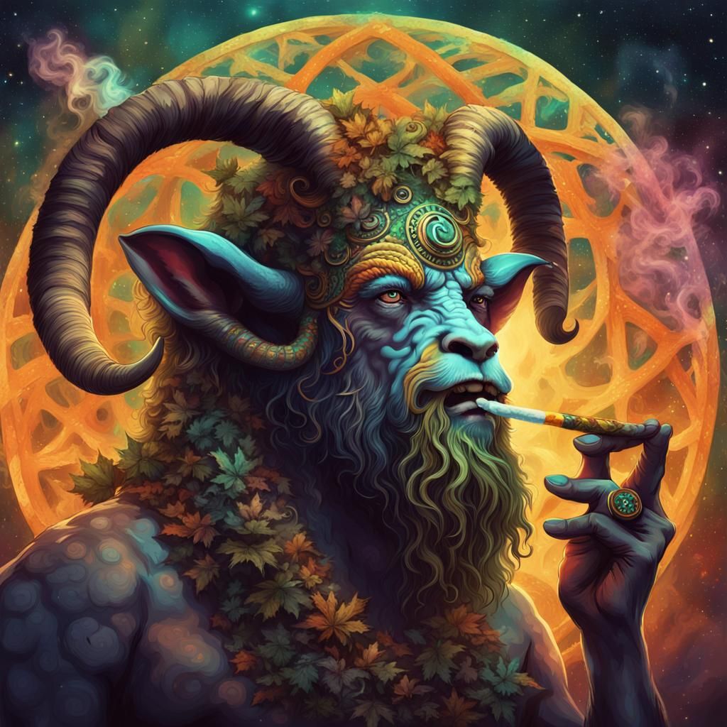 Psychedelic Hippie Satyr Druid Smoking Marijuana