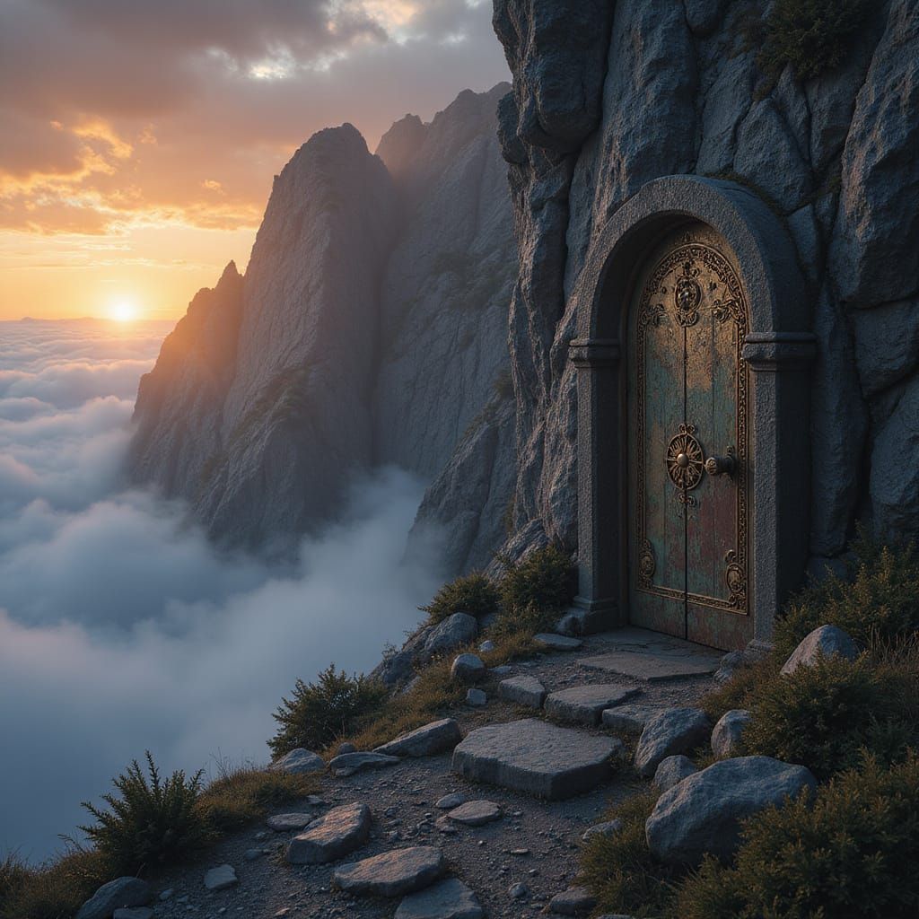 Mystical Doorway in Misty Mountainside Sunset