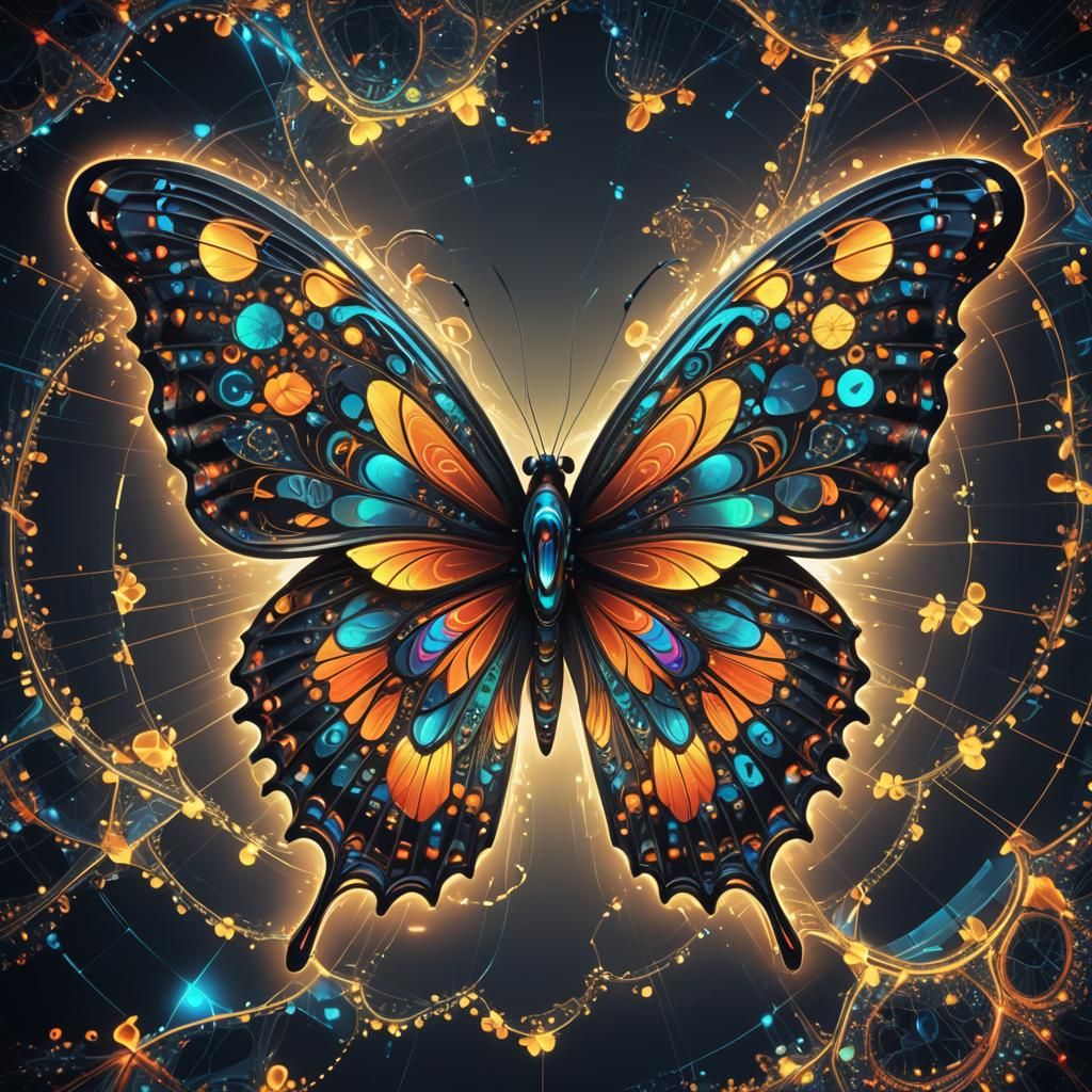 Neon Fractal Butterfly Gliding Through Data Streams