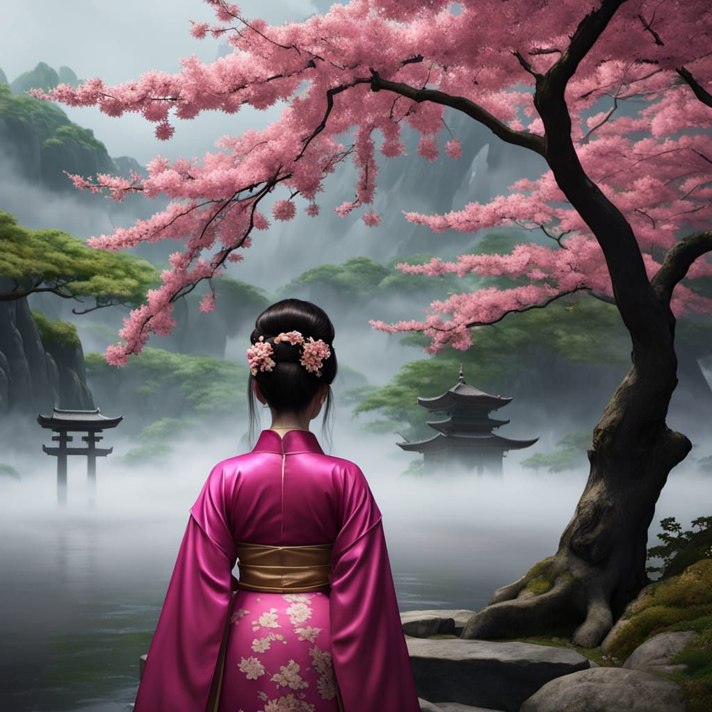 Ethereal Geisha in Vibrant Pink Kimono amidst a Serene Japan...