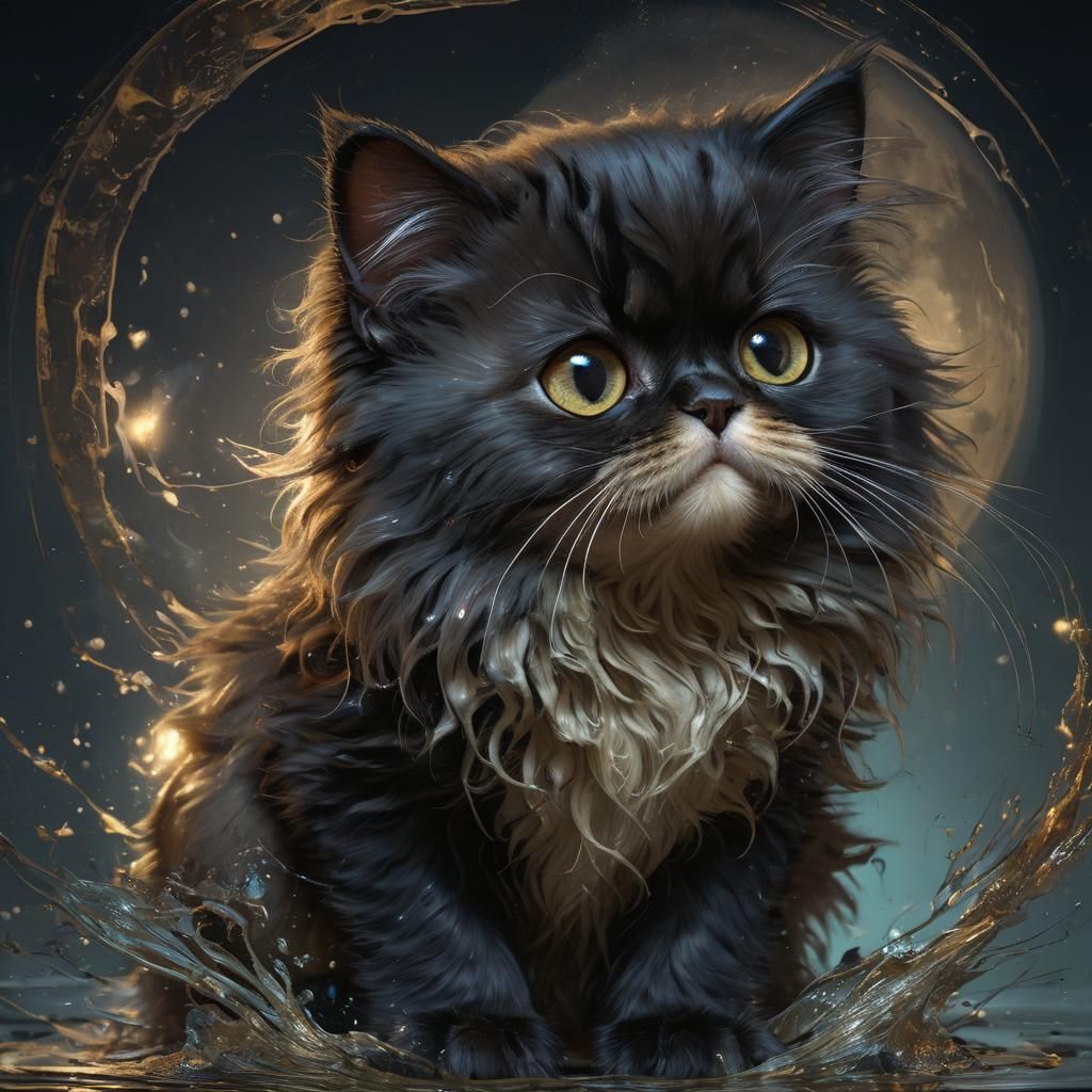 Black Persian Kitten Under Full Moon Splash Art