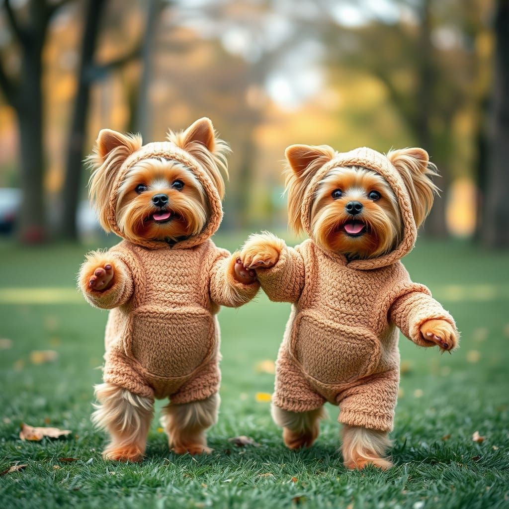 Cute Yorkies Dance in Park Wearing Teddy Bear Onesies