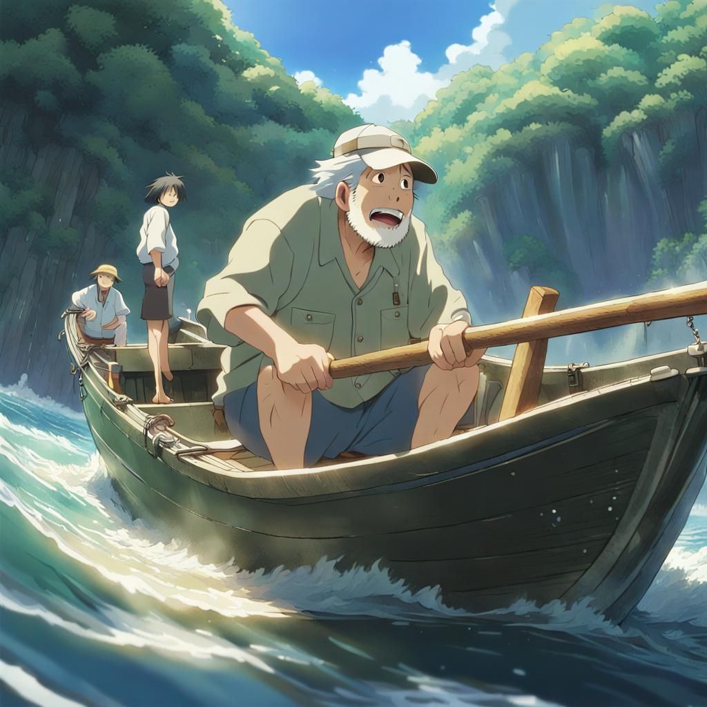 Fisherman's Excitement: Anime Key Visual in Ghibli Style