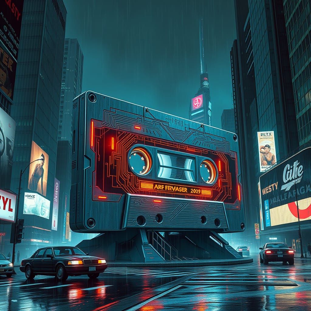 Cyberpunk Cassette Tape Monument in a Futuristic Metropolis