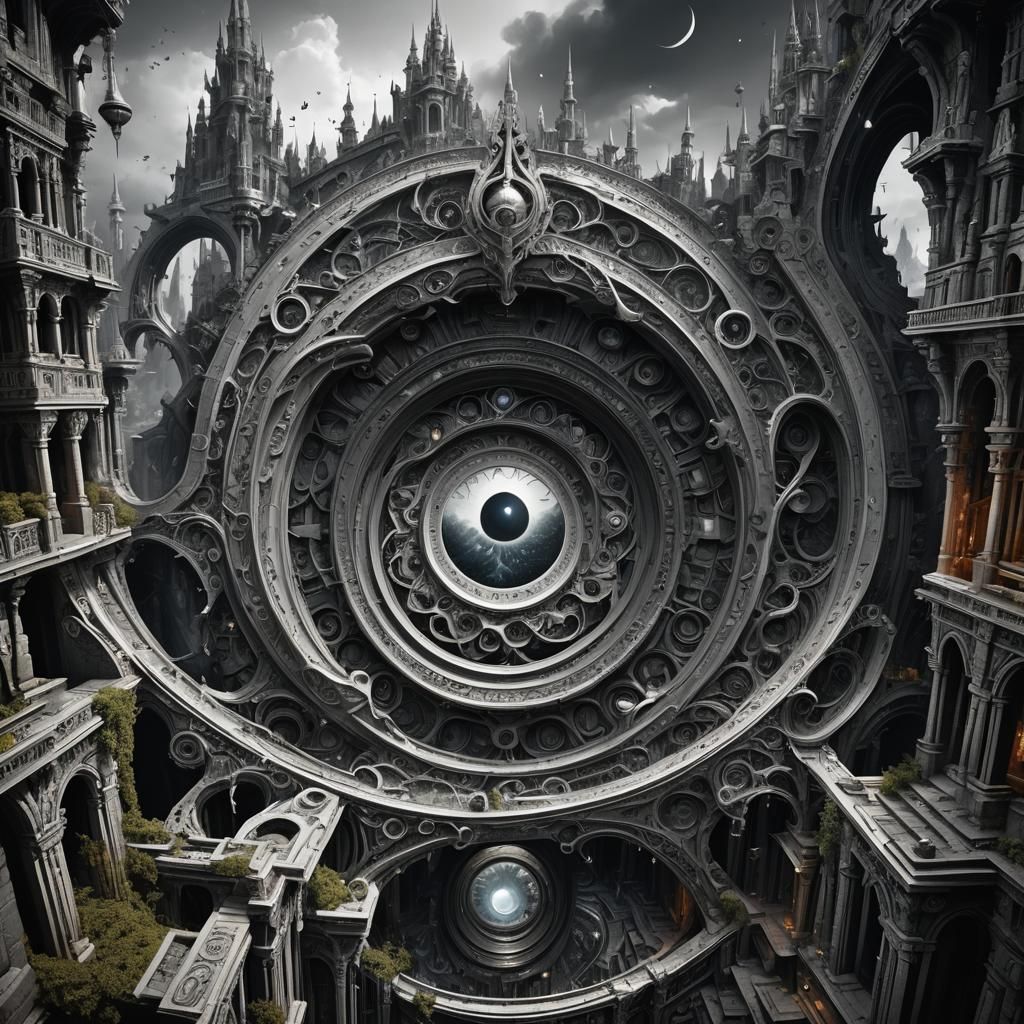 Monochrome Space Spiral with Eyes and Woman Silhouette