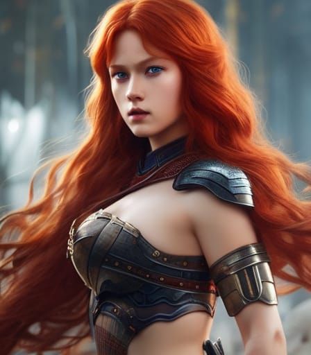 Warrior girl with wavy red hair 95