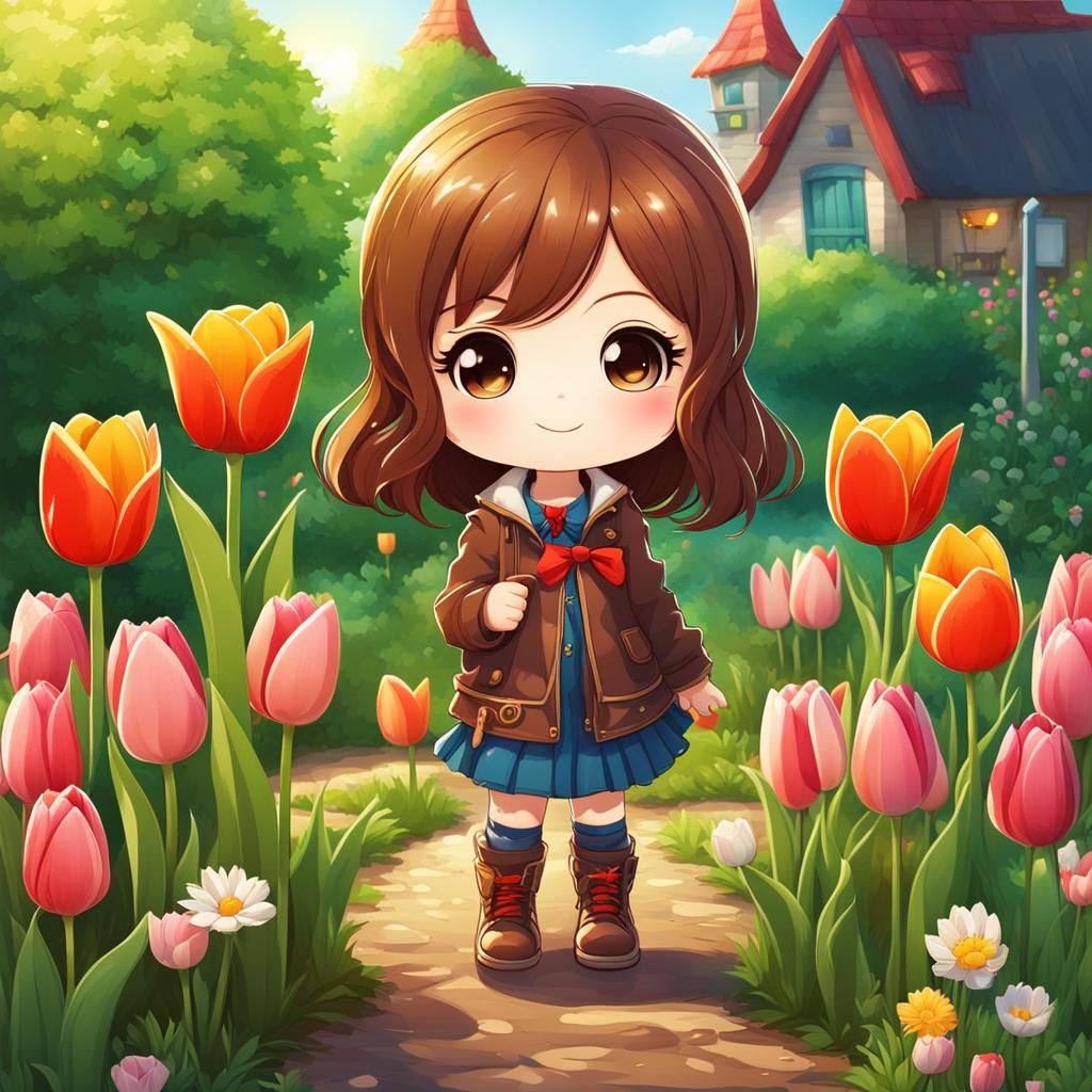 Cheerful Chibi Girl in Sunny Tulip Garden
