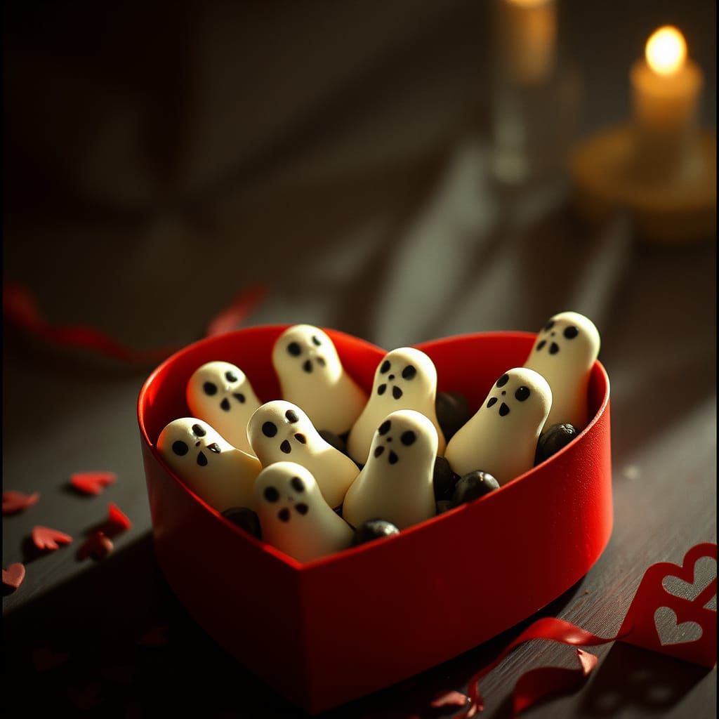 Heart Box With Ghost Chocolates Cinematic Film Still