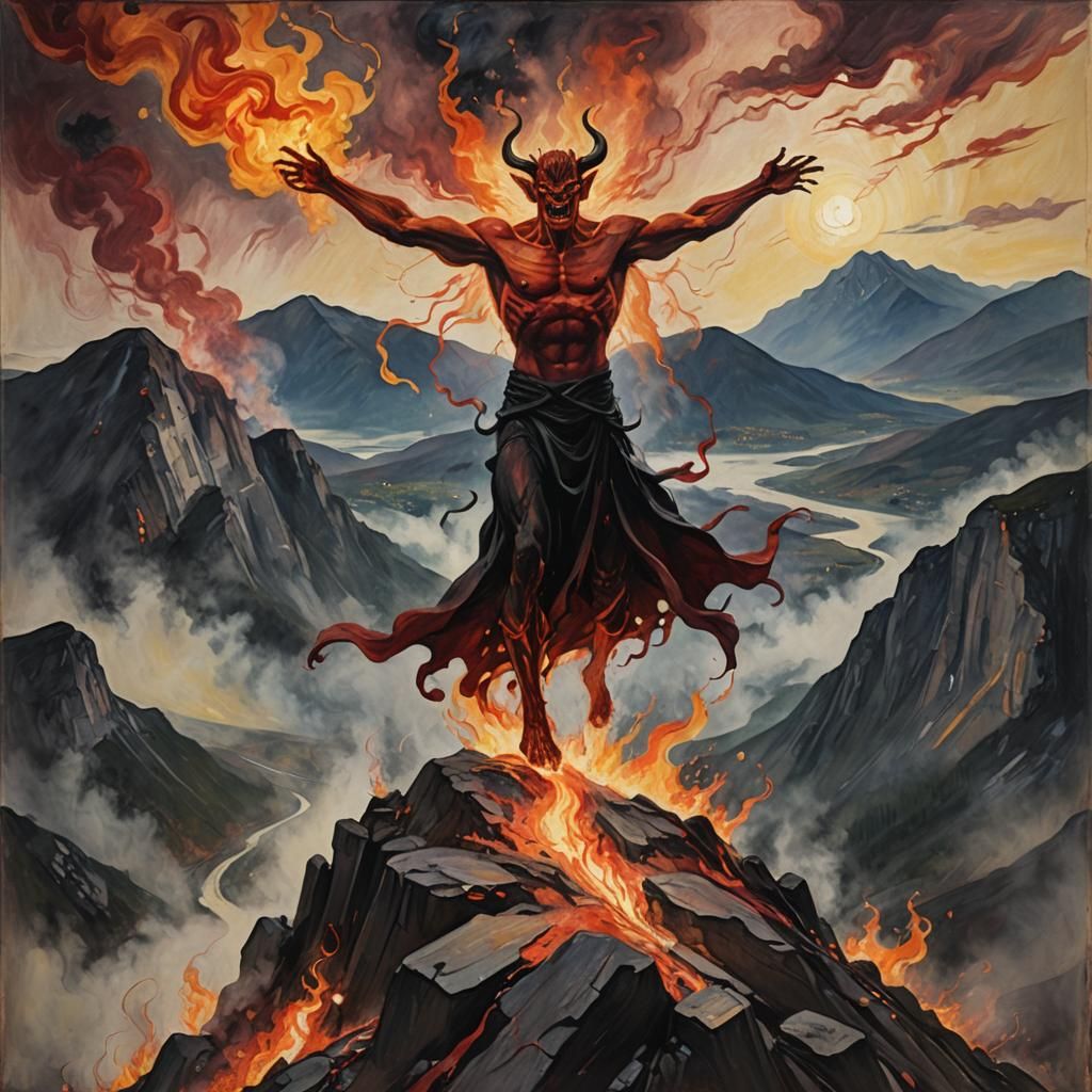 Fire Demon on Misty Mountain in Expressive Style