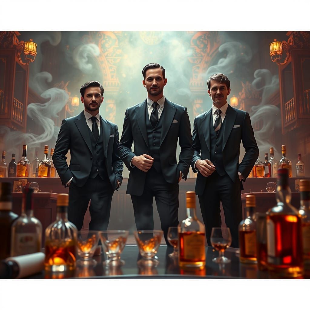Men in Black Suits, Surreal Bourbon Scene in Realistic Style