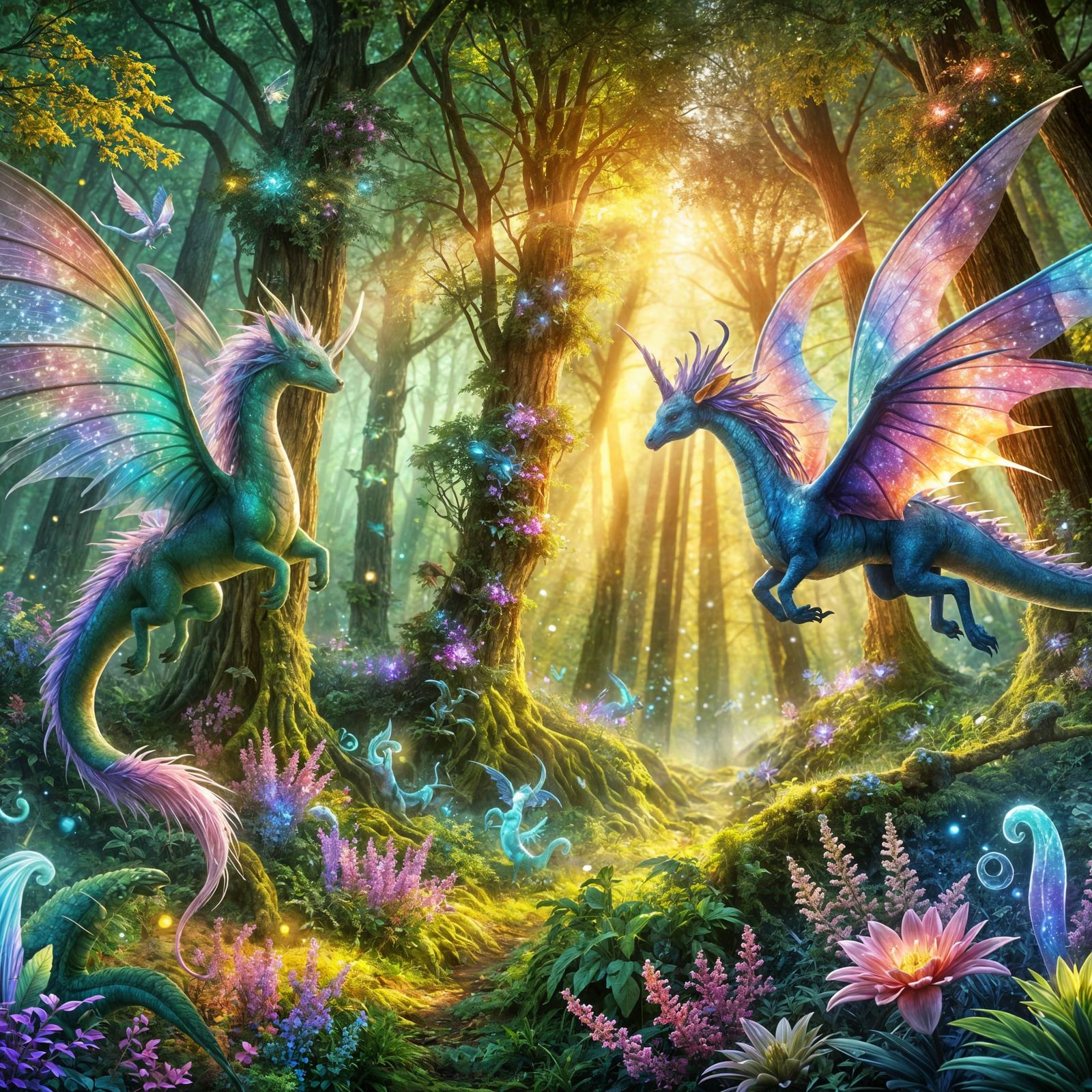 Enchanted Forest Scene with Vibrant Faerie Dragons