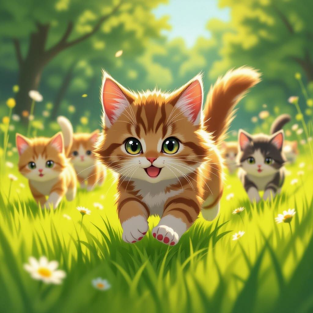 Fluffy Kitten Races Through Meadow in Anime Style