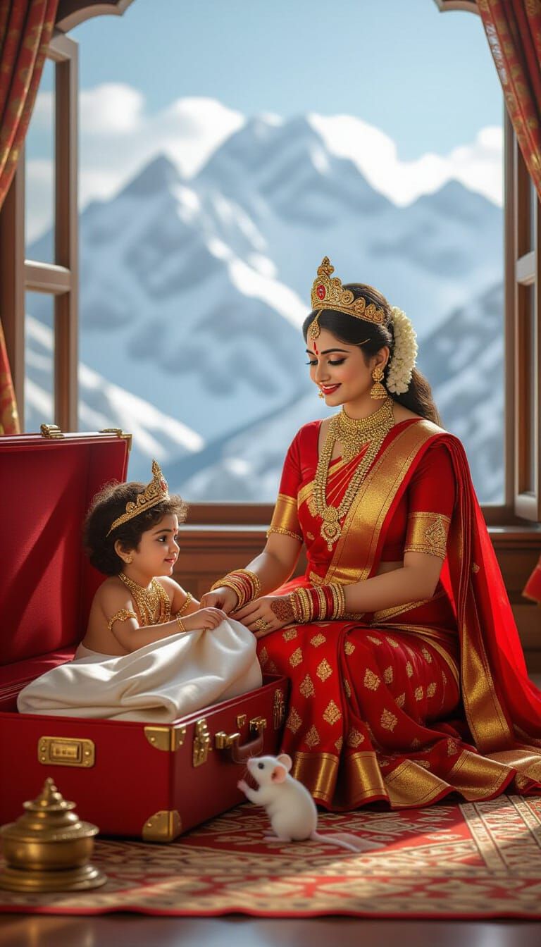 Mata Parvati & Bal Ganesha in Snowy Himalayas