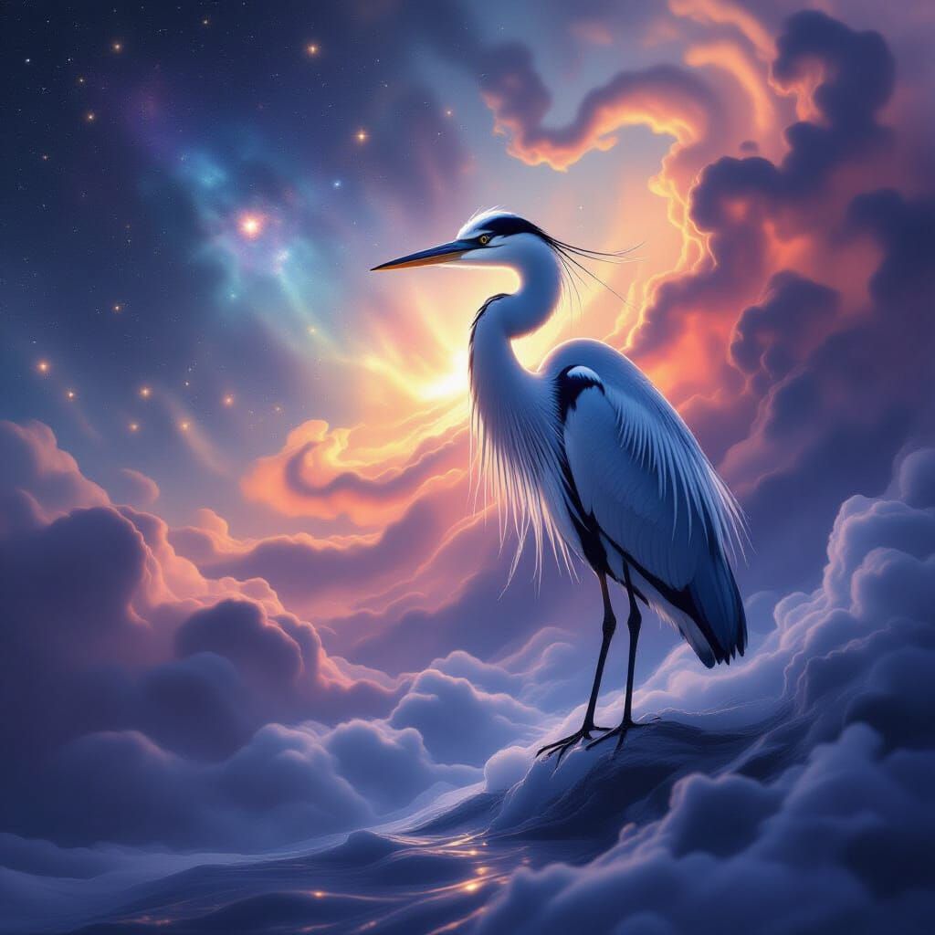 Majestic Heron Amidst Cosmic Nebula