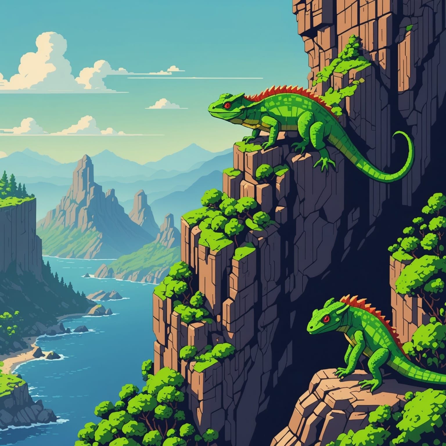 Pixel Art Lizard on a Cliff Adventure
