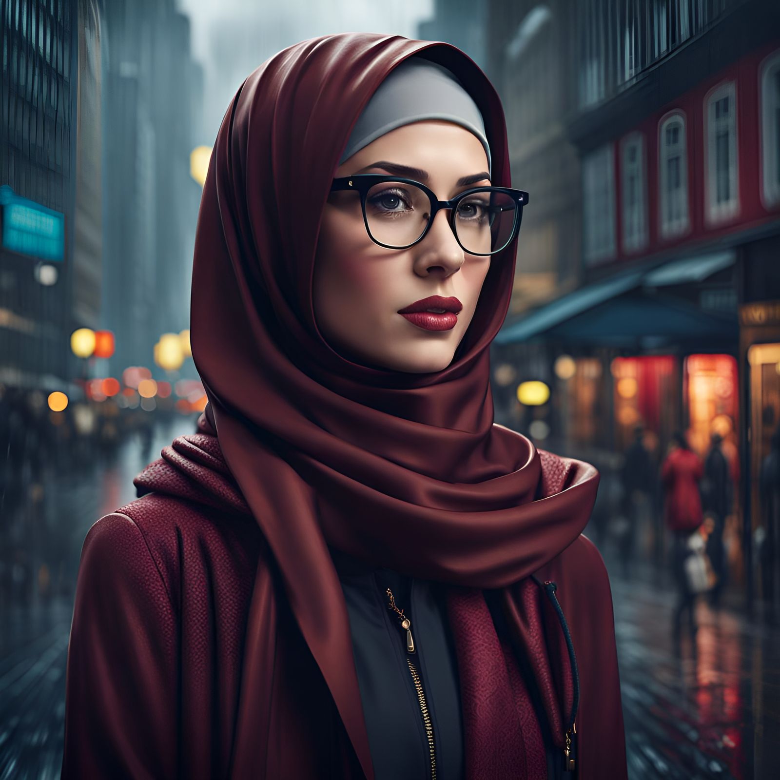 Confident Woman in Hijab on Rainy Day