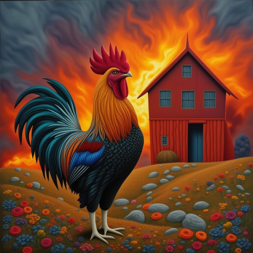 Proud Rooster in Front of Burning Barn