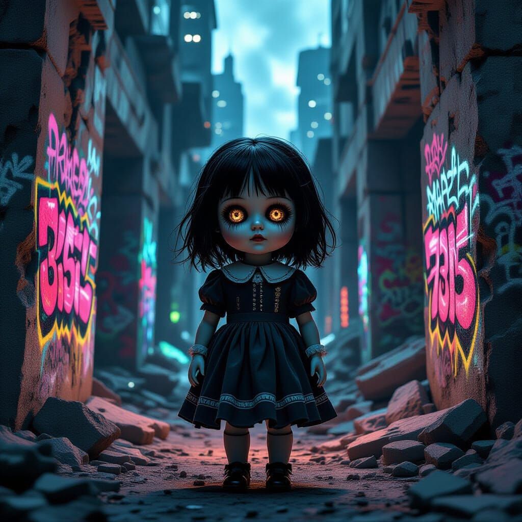 Porcelain Doll in Futuristic City Ruins