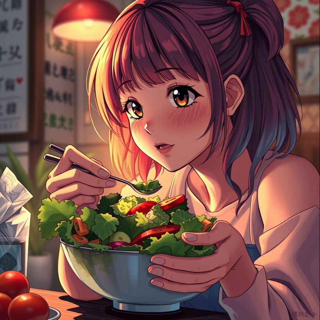 Anime Girl Eats Salad in 80s Nostalgic Glow
