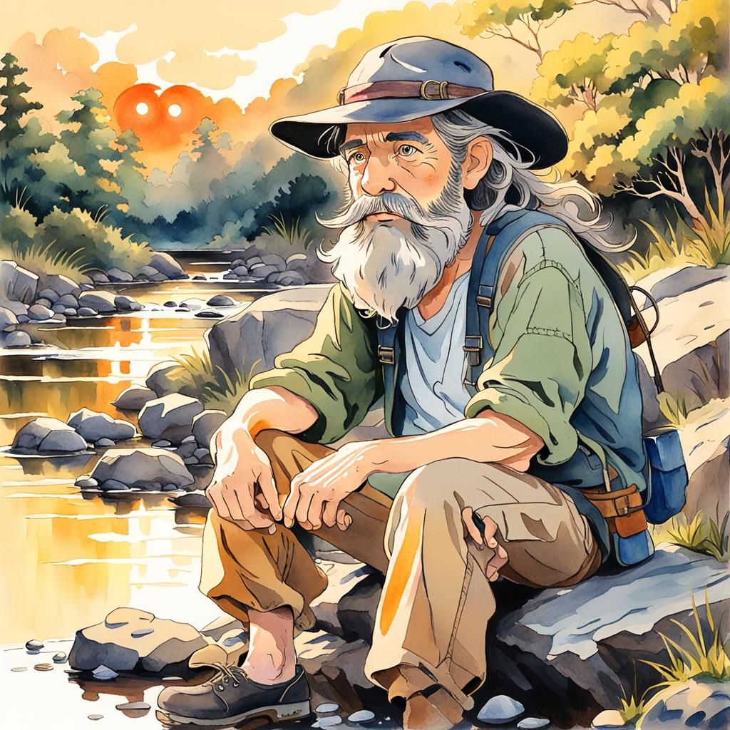 Anime Geologist at Sunset in Watercolor Style