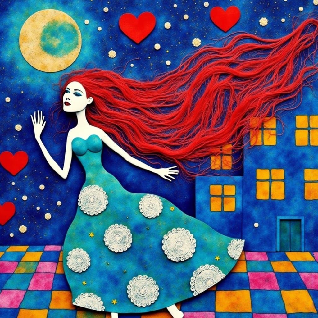 Whimsical Woman Dances Under Full Moon in Vibrant, Dreamlike...