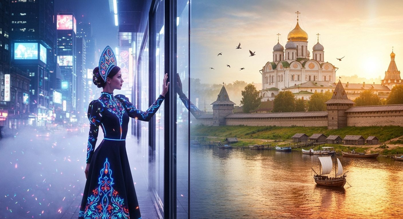 Cyberpunk Reflection: Russian Woman in Neon Cityscape