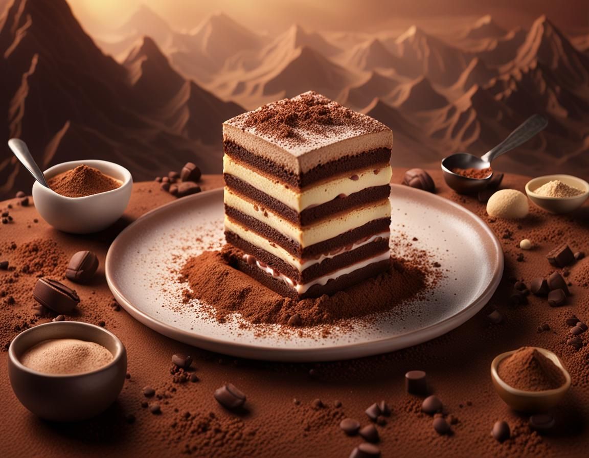 Detailed Tiramisu Painting with Cocoa Powder Text