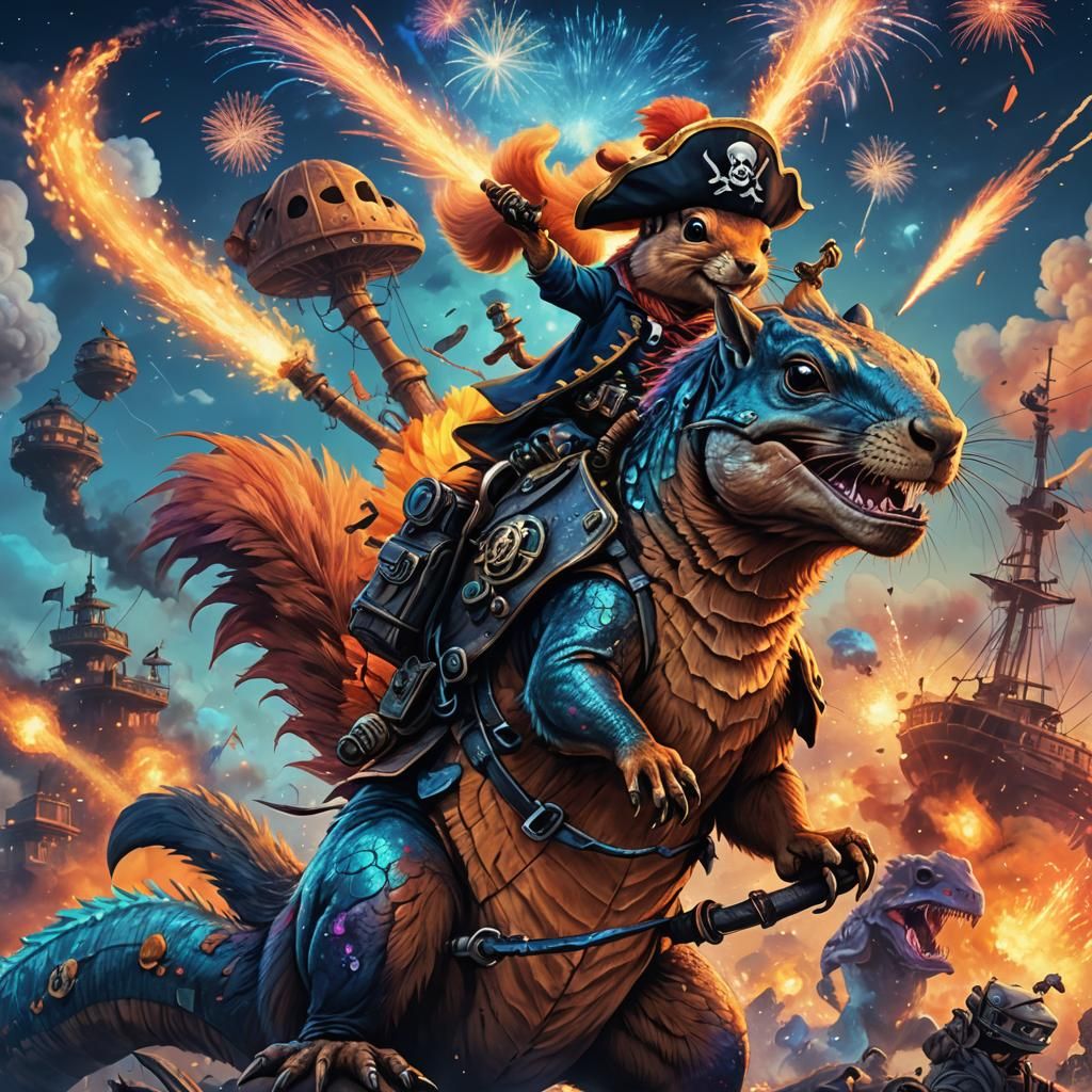 Pirate Squirrel Rides T-Rex in Apocalyptic Wasteland
