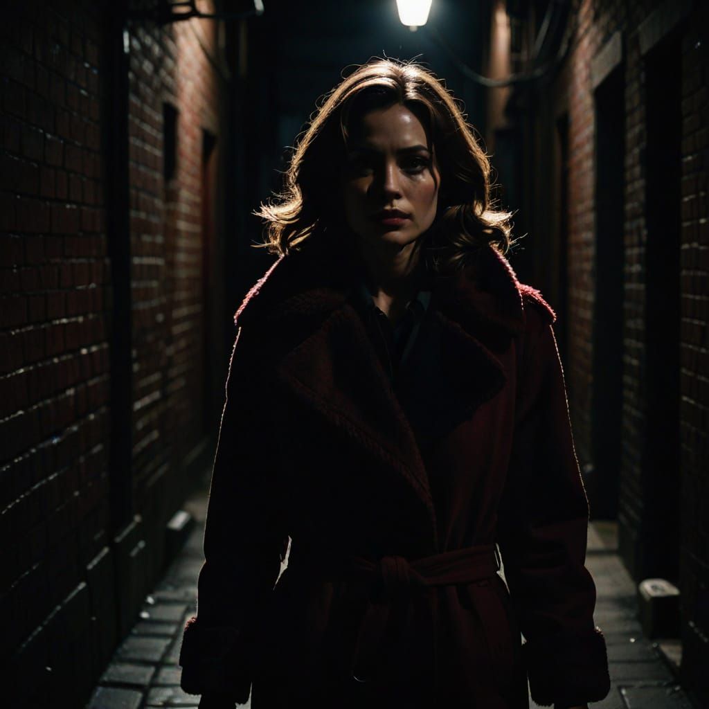 Elegant Woman in Dark Alley at Night