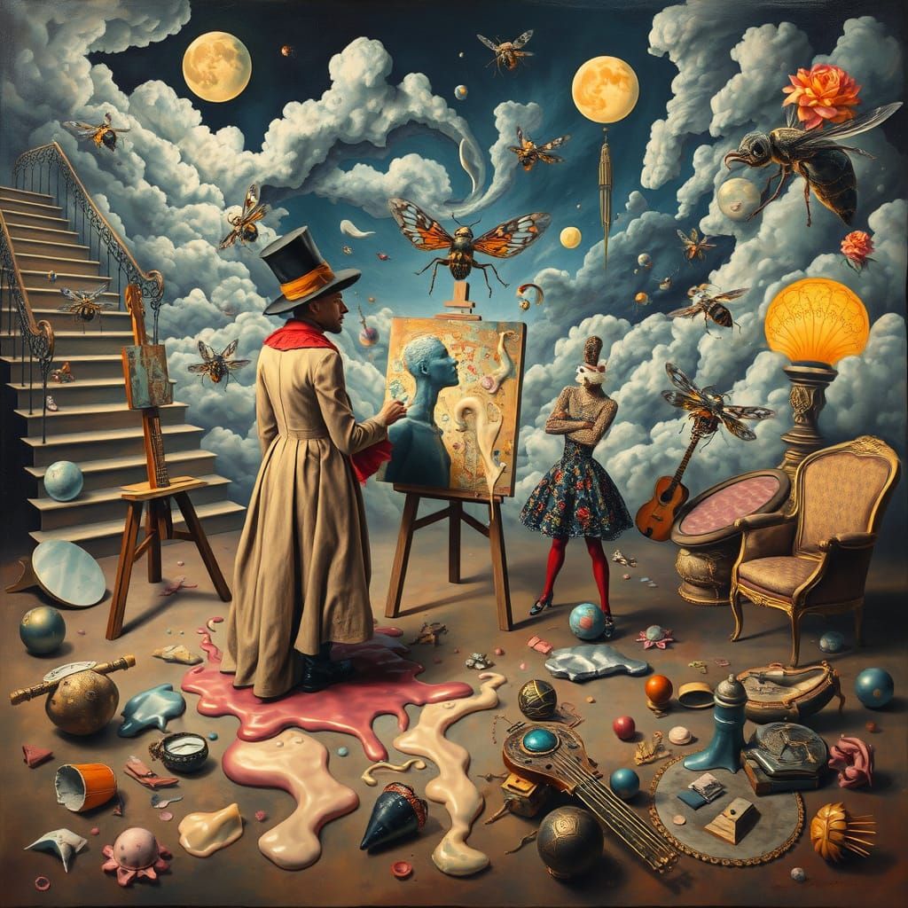 Surreal Dreamscape Painting of Theatrical Figures