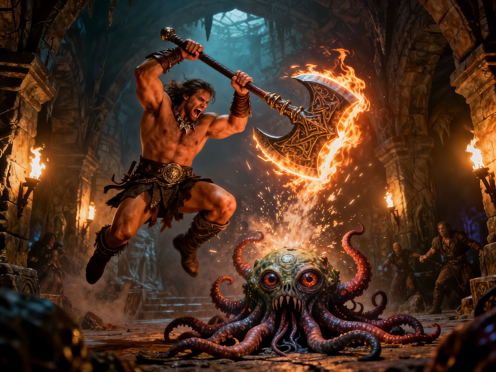 Barbarian's Epic Final Blow Against Beholder in Dungeon