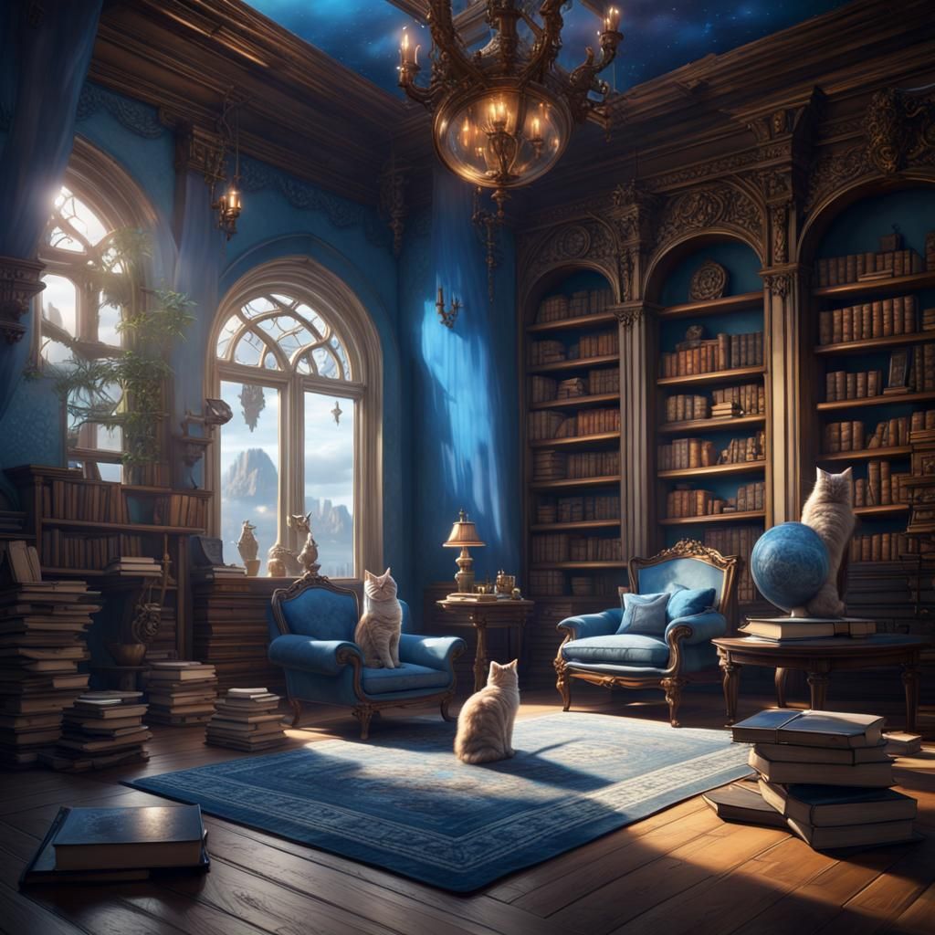 Sky-Blue Living Room with Books and Cats
