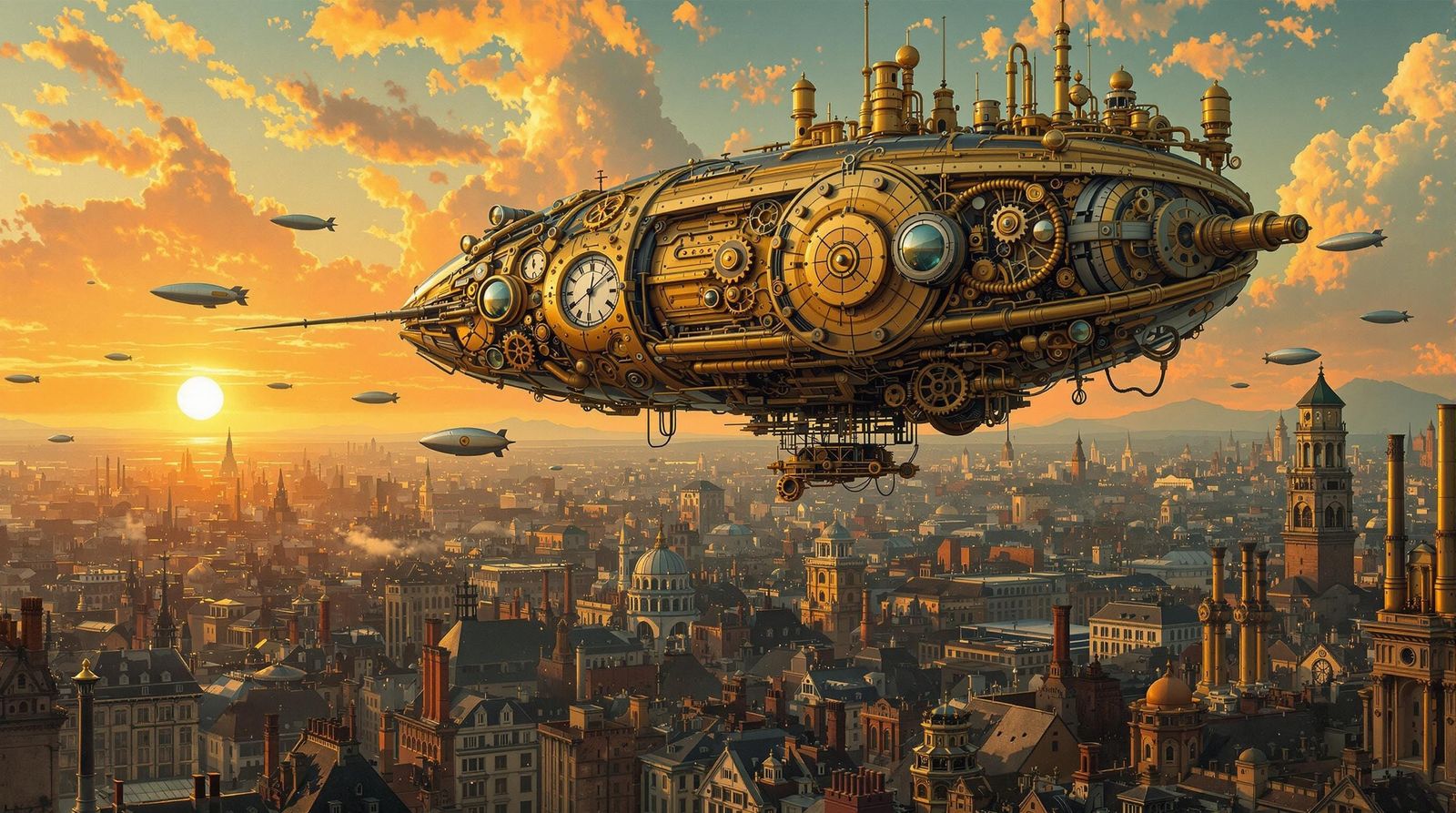 Steampunk Hummingbird Airship Over Victorian City