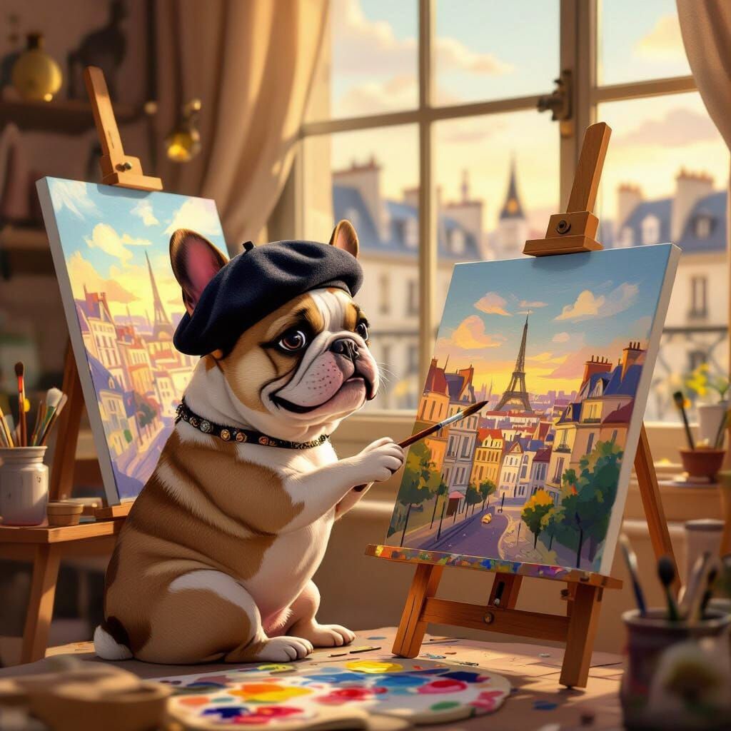 French Bulldog Paints Paris Rooftops in Dreamy Studio Light