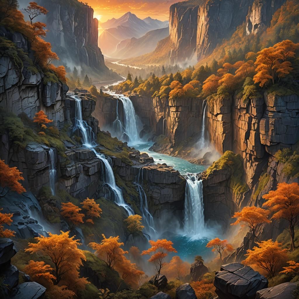 Waterfall Sunset: Fantastical Matte Painting in 8K