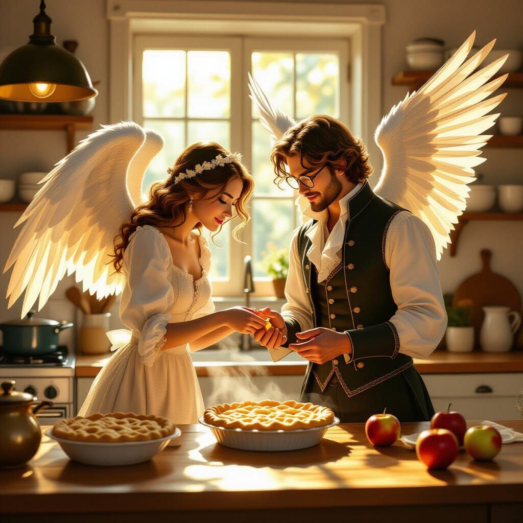 Angel Descends into Kitchen with Newton and Pie