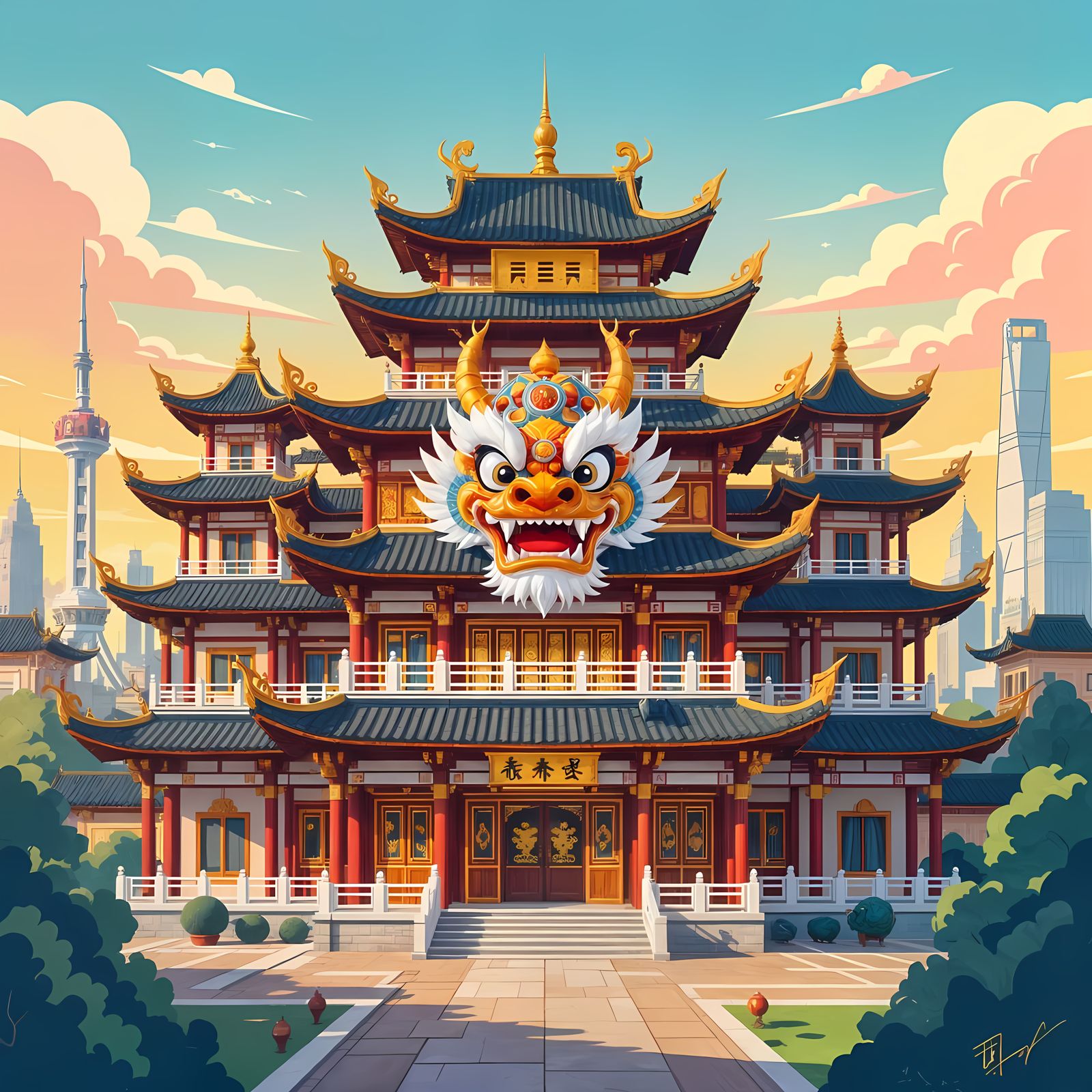 Futuristic Shanghai Palace Guarded by Dragon in Cartoon Styl...
