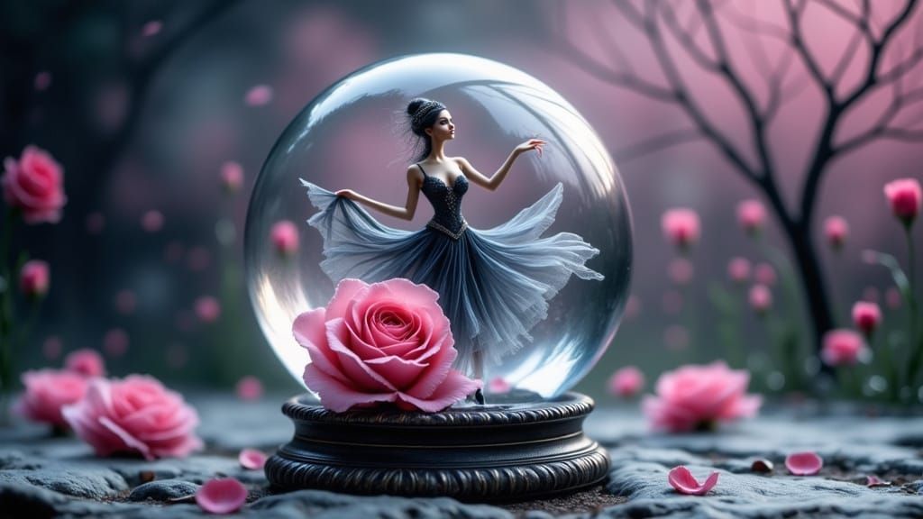 A Ballerina Silhouette in a Glass Orb, with Rose and Ebony D...