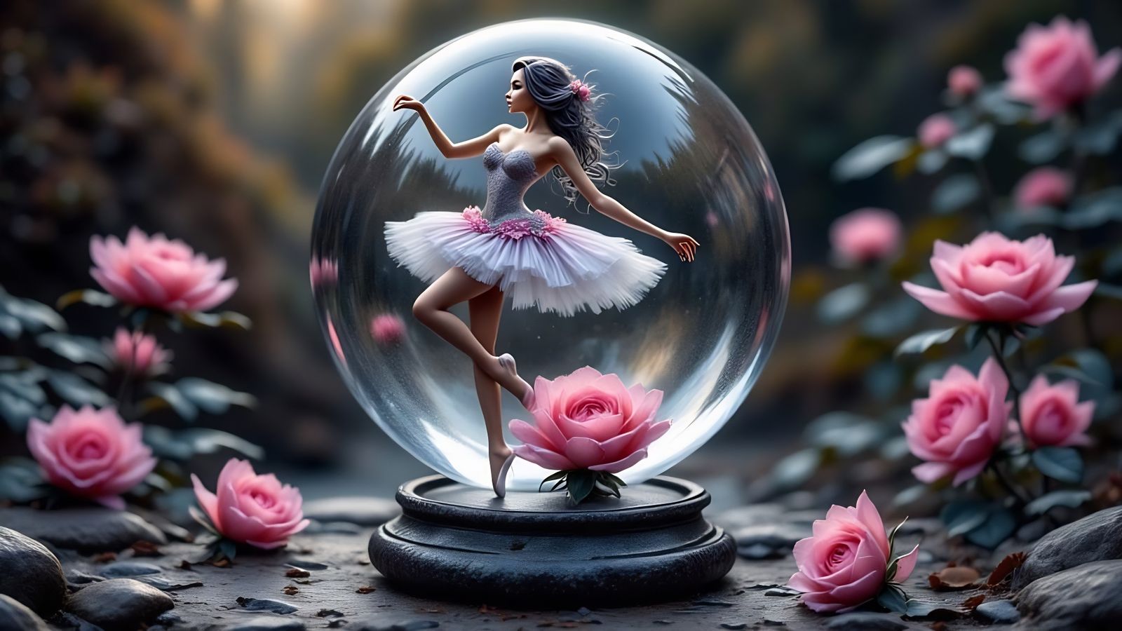 Silver Silhouette of a Woman Pirouetting Inside a Glass Sphe...