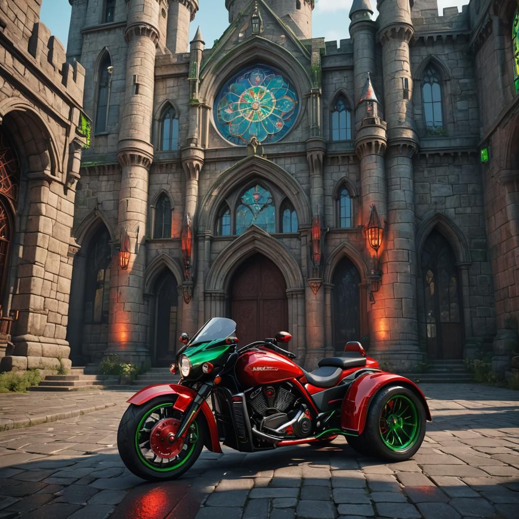 Red Motor Trike in Castle City, Game Cinematic