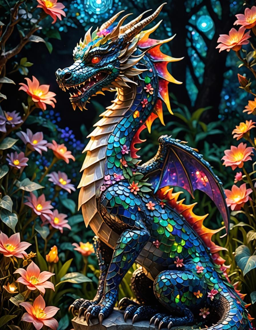 Moonlit Mosaic Dragon Sculpture in Fantasy Garden