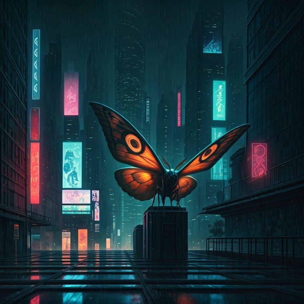 Giant Moth Perched Atop Dystopian Cityscape