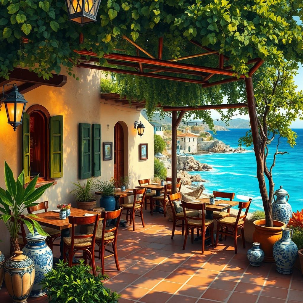 Greek Oceanside Taverna in Impressionist Style