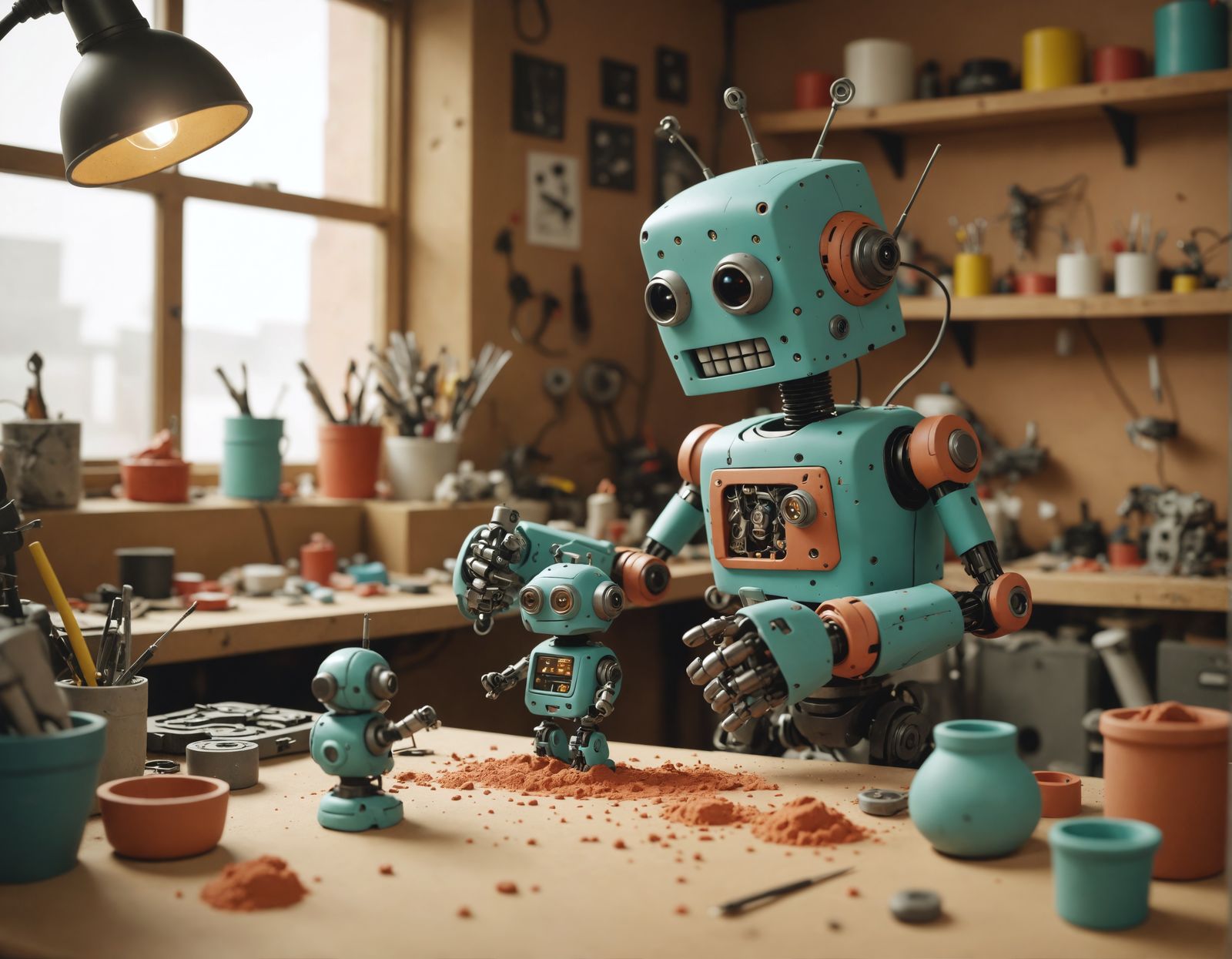 AI Robot Clay Sculptor in Cyberpunk Style