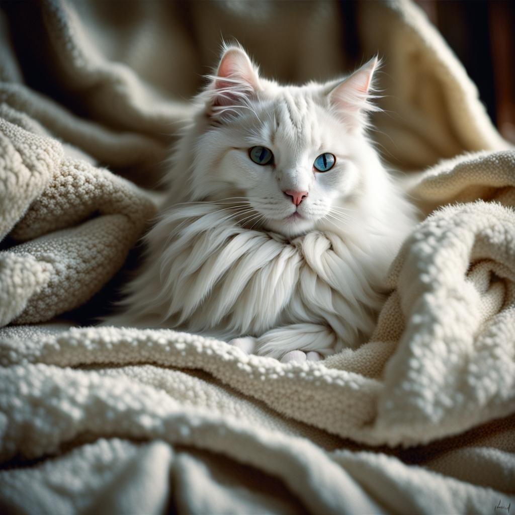 Cute White Cat on Cosy Blanket