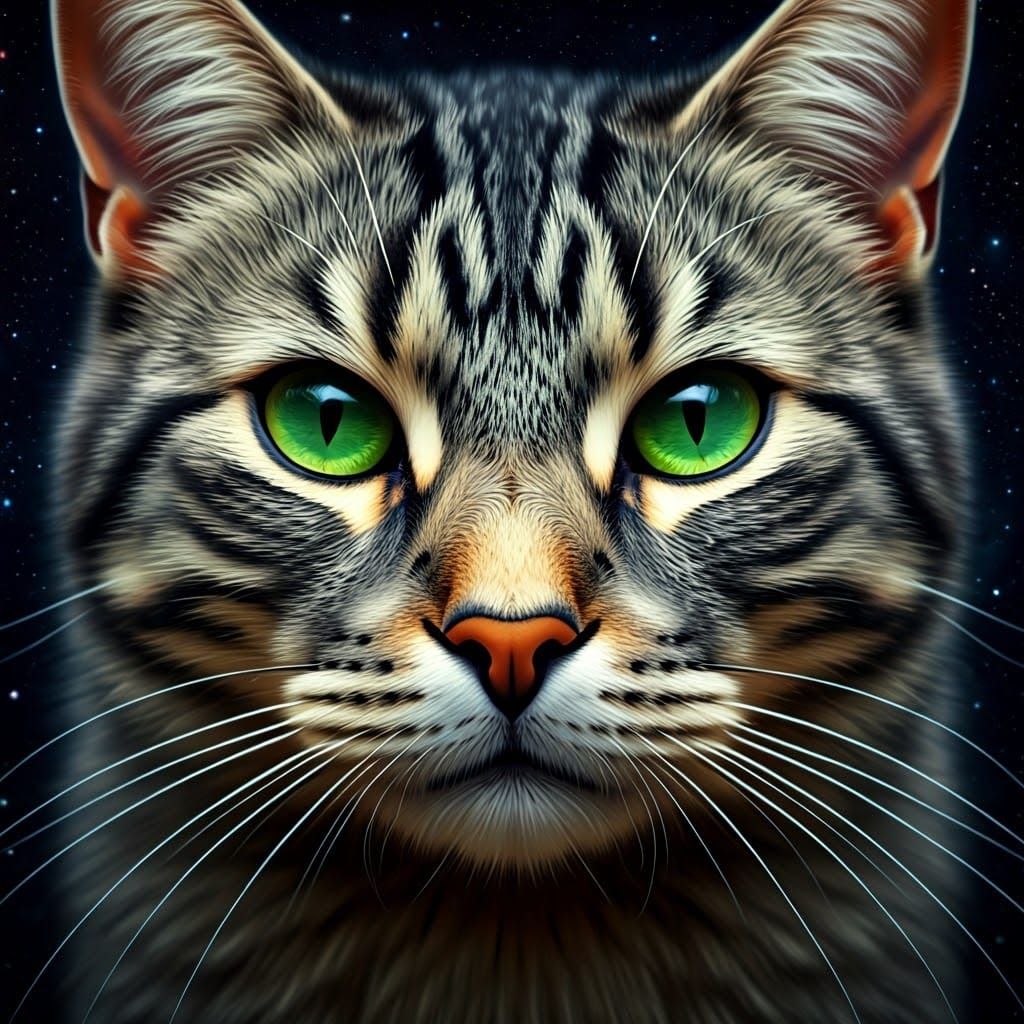 Stunning Grey Tabby Cat Close-up in Cosmic Astral Background