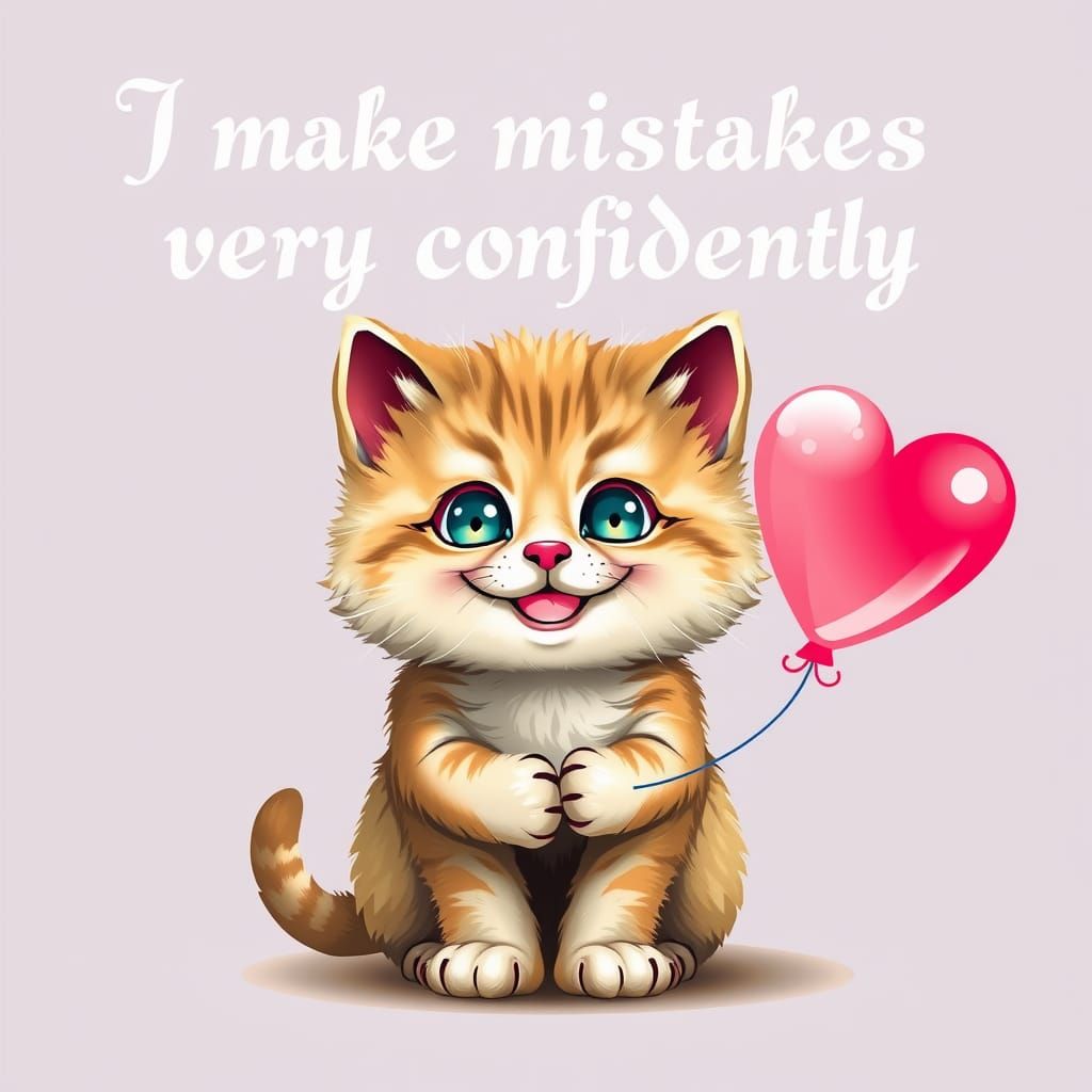 Cute Kitten with Heart Balloon and Gothic Text